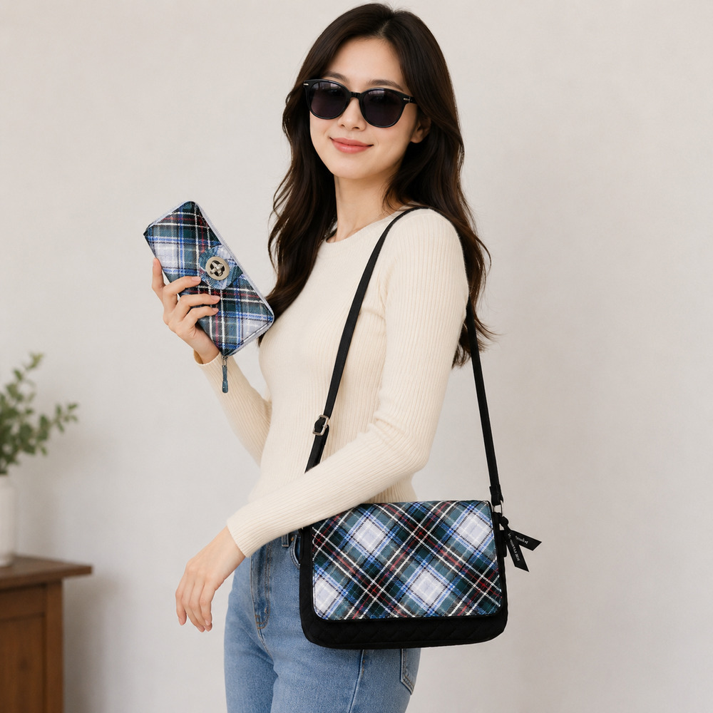 Vera Bradley NWT Set Snowy Plaid Convertible Flap Crossbody, Wallet, Sunglasses